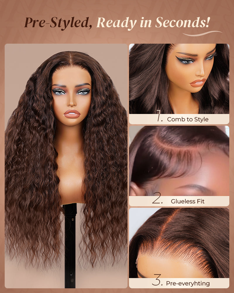 Pure-Luxe|Soft Curls Dark Brown Colored Glueless Pre-Cut 13x6 Lace Ultra-Dense Human Hair Wig V-Shaped Sideburns