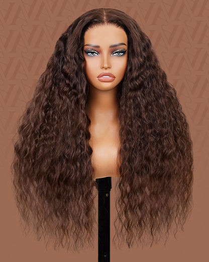 Pure-Luxe|Soft Curls Dark Brown Colored Glueless Pre-Cut 13x6 Lace Ultra-Dense Human Hair Wig V-Shaped Sideburns