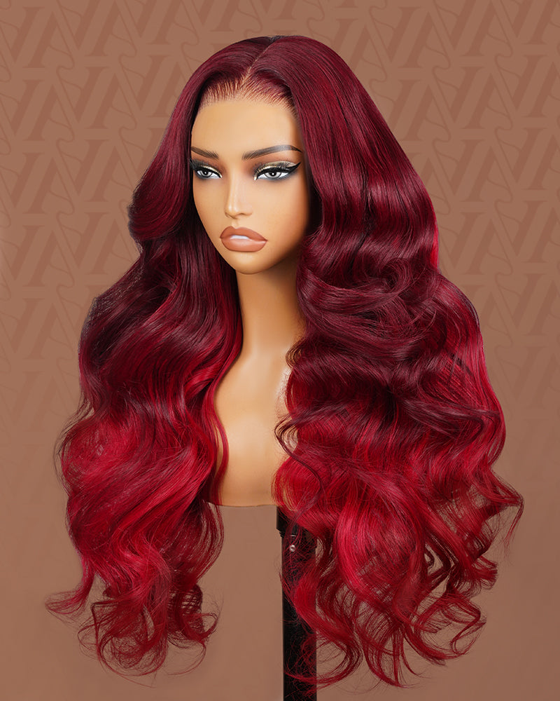 Pure-Luxe™ Red Burgundy Highlight Colored Body Wave Easy Wear Glueless 13x6 Ultra-Dense Human Hair Wig Pre-Cut Lace