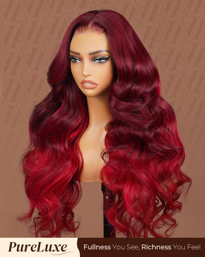 Pure-Luxe™ Red Burgundy Highlight Colored Body Wave Easy Wear Glueless 13x6 Ultra-Dense Human Hair Wig Pre-Cut Lace