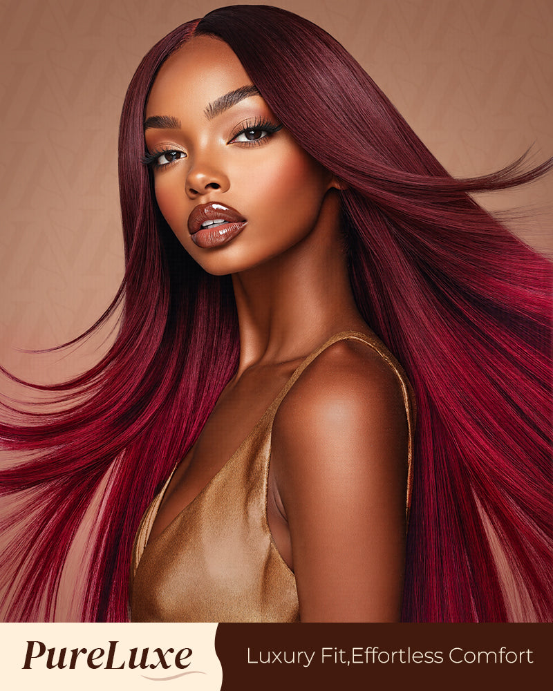 Pure-Luxe|Red Burgundy Highlight Colored Body Wave Glueless Pre-Cut Lace Ultra-Dense Human Hair Wig V-Shaped Sideburns