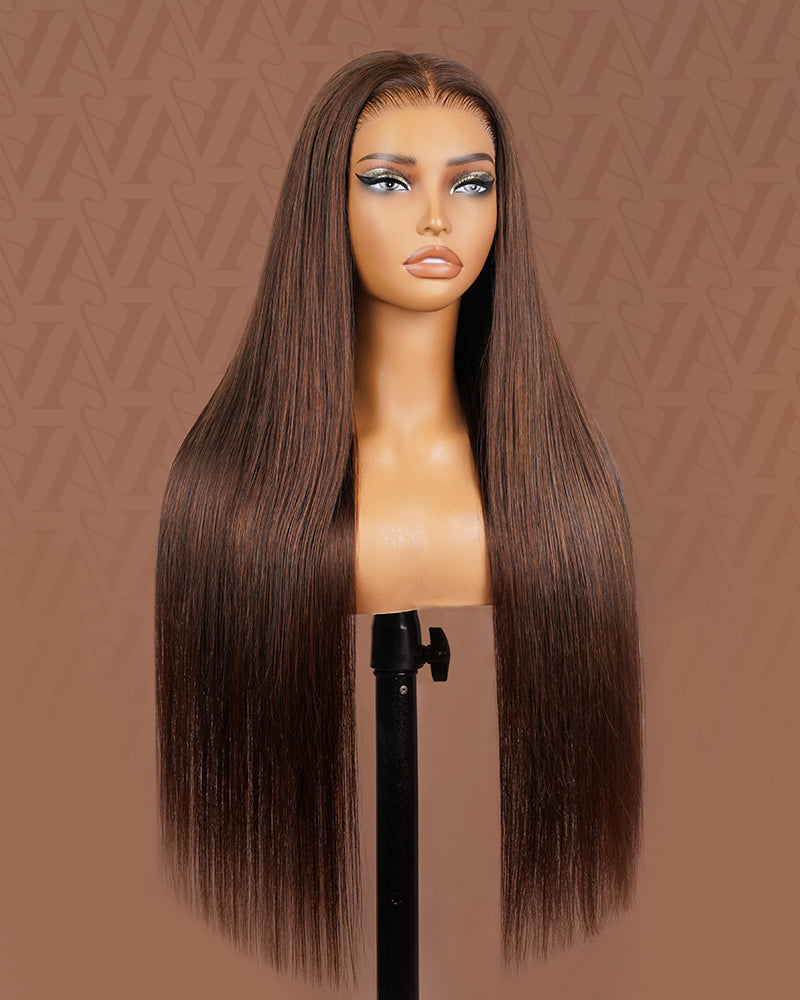 Pure-Luxe|Dark Brown Colored Glueless Pre-Cut 13x6 Lace Ultra-Dense Human Hair Wig V-Shaped Sideburns