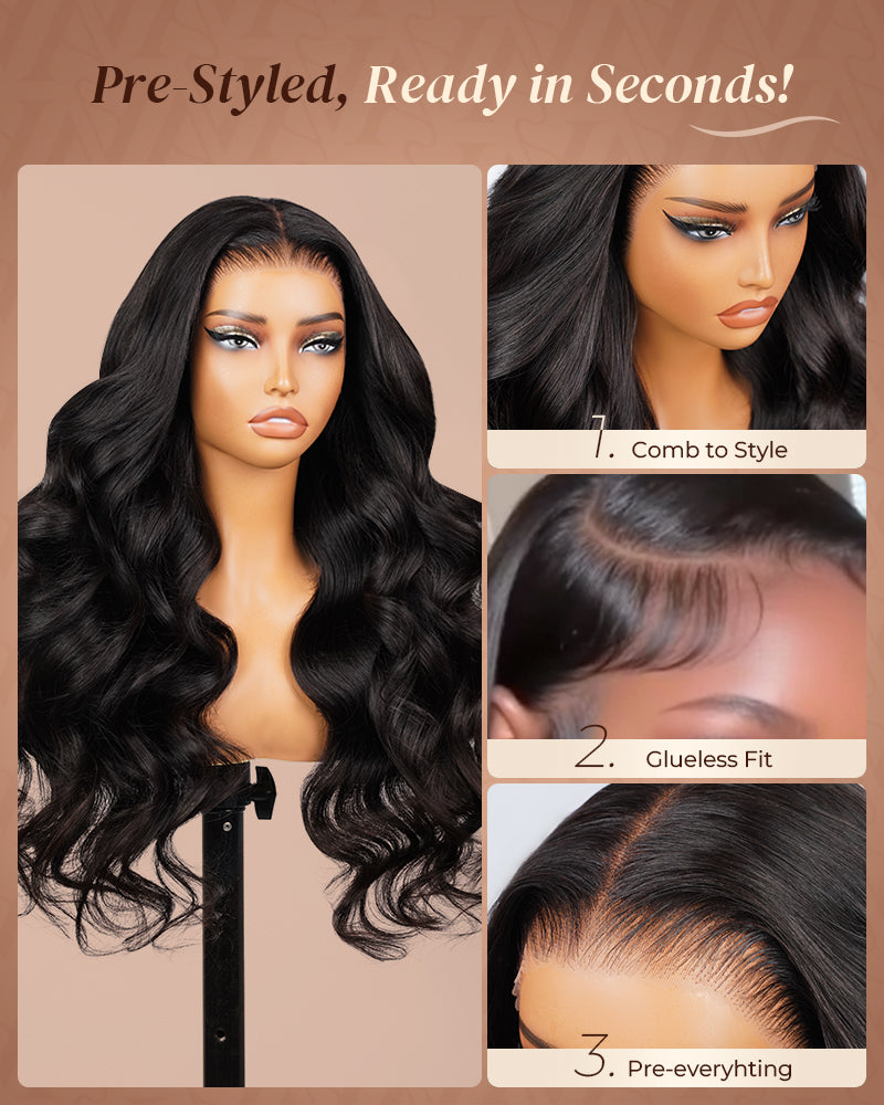 Pure-Luxe|Body Wave Natural Black Glueless 13x6 Pre-Cut Lace Ultra-Dense Human Hair Wig V-Shaped Sideburns