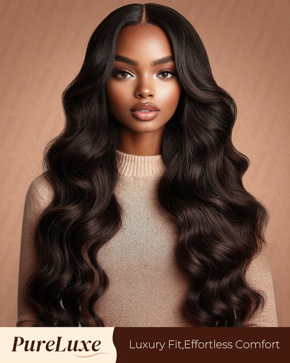 Pure-Luxe|Body Wave Natural Black Glueless 13x6 Pre-Cut Lace Ultra-Dense Human Hair Wig V-Shaped Sideburns