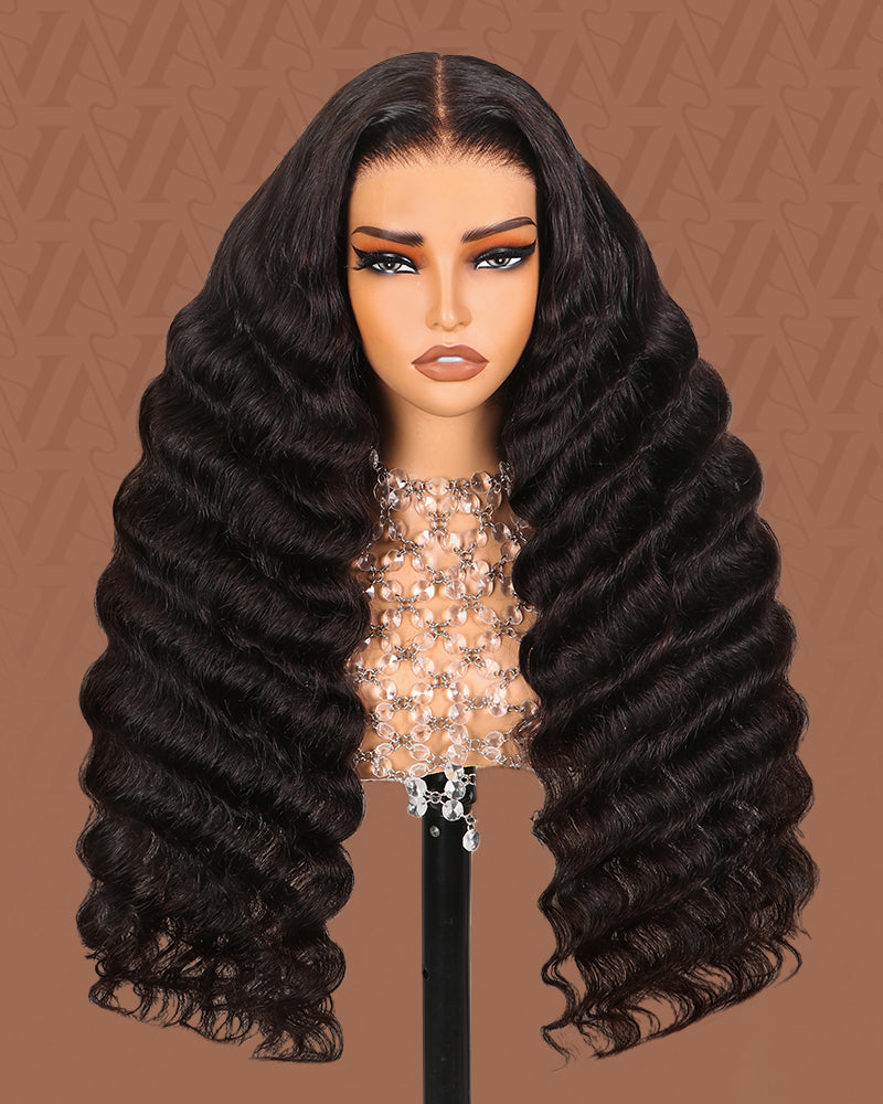 Pure-Luxe|Loose Wave Natural Black Glueless 13x6 Pre-Cut Lace Ultra-Dense Human Hair Wig V-Shaped Sideurns