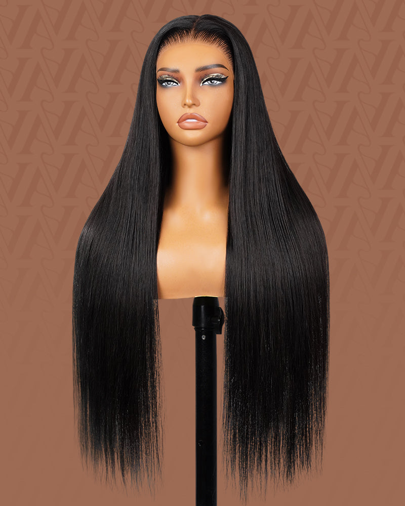 Pure-Luxe|Straight Natural Black Glueless 13x6 Pre-Cut Lace Ultra-Dense Human Hair Wig V-Shaped Sideburns