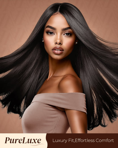 Pure-Luxe|Straight Natural Black Glueless 13x6 Pre-Cut Lace Ultra-Dense Human Hair Wig V-Shaped Sideburns