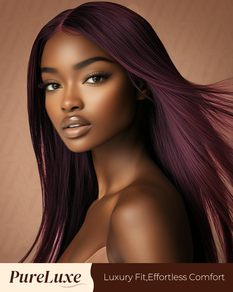 Pure-Luxe|Plum Colored Glueless Pre-Cut 13x6 Lace Ultra-Dense Human Hair Wig V-Shaped Sideburns