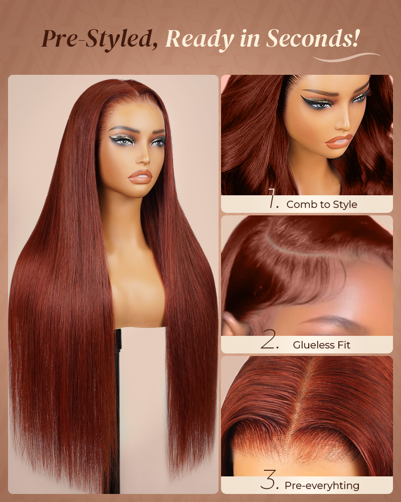 Pure-Luxe|Reddish Brown Colored Body Wave Glueless 13x6 Pre-Cut Lace Ultra-Dense Human Hair Wig V-Shaped Sideburns