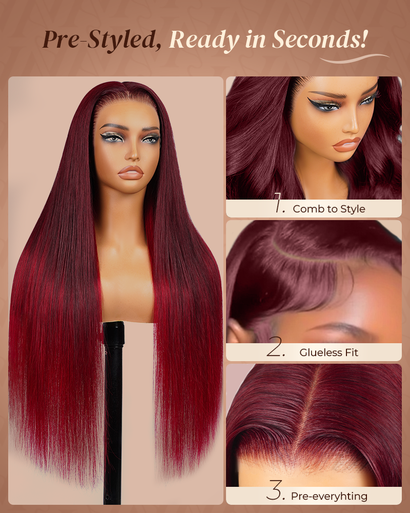 Pure-Luxe|Red Burgundy Highlight Colored Body Wave Glueless Pre-Cut Lace Ultra-Dense Human Hair Wig V-Shaped Sideburns