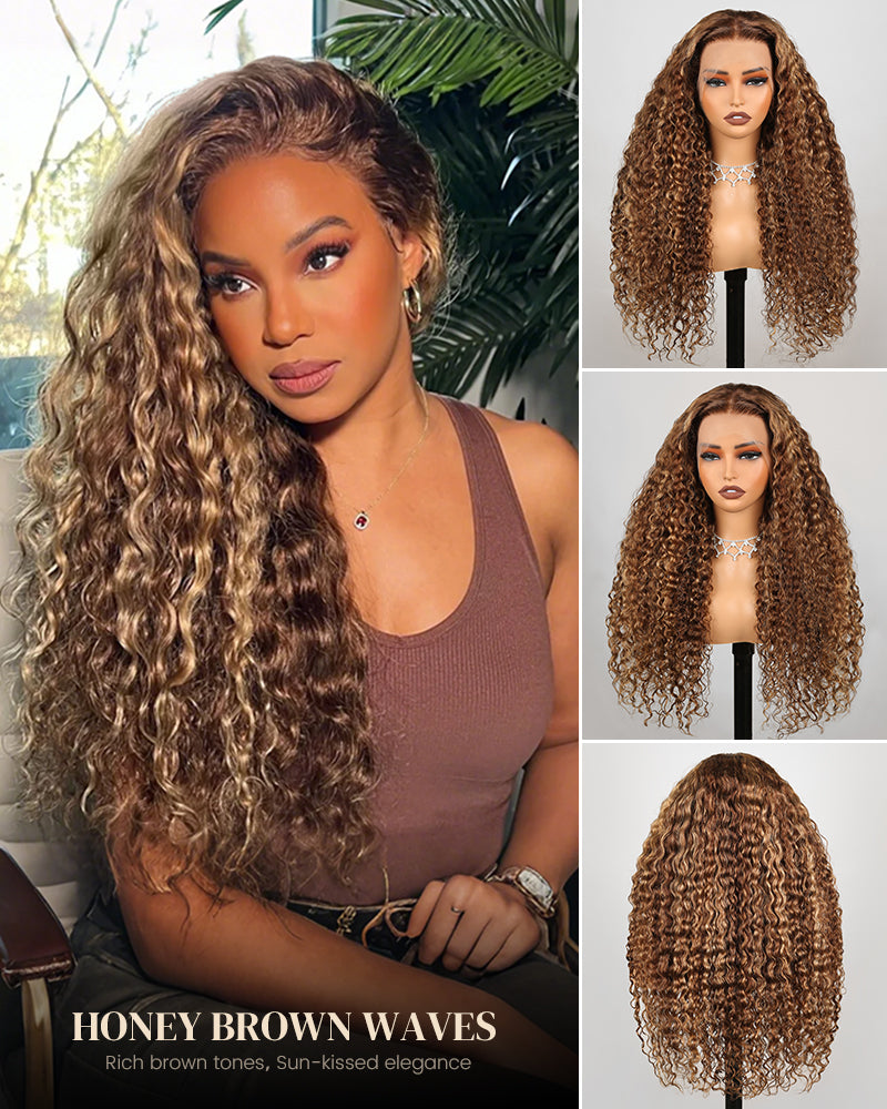 Piano Highlight Color Water Wave Curly 13x4/6x5 Lace Human Hair Wig Free Parting