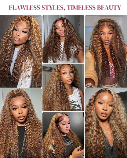 Piano Highlight Color Water Wave Curly 13x4/6x5 Lace Human Hair Wig Free Parting