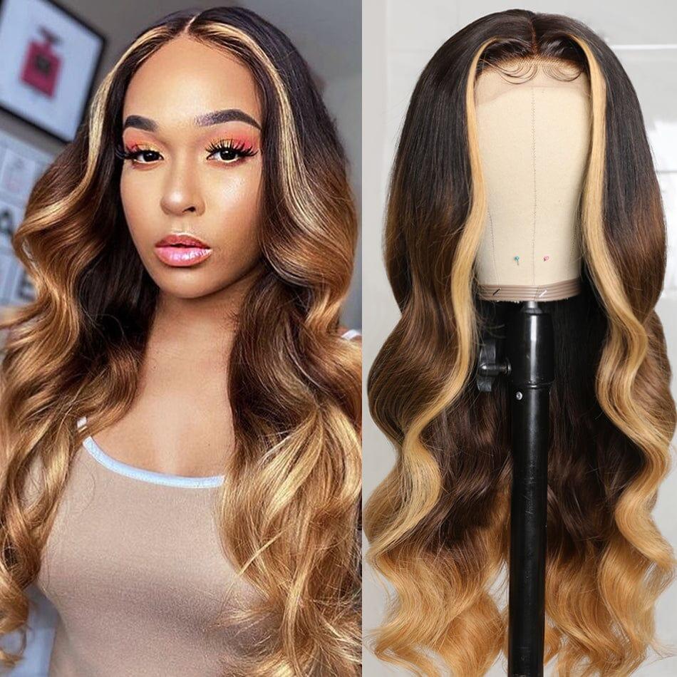 Money Piece Blonde Brown Ombre Colored Body Wave Wig 13x4 Lace Frontal Human Hair Wig