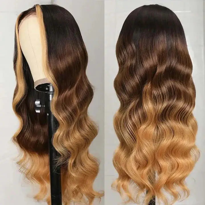 Money Piece Blonde Brown Ombre Colored Body Wave Wig 13x4 Lace Frontal Human Hair Wig