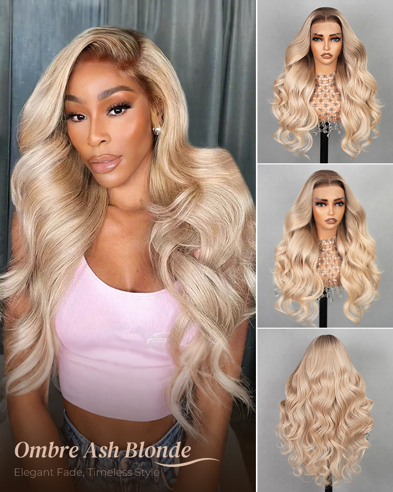 Ash Blonde with Dark Roots Ombre Color Blowout In Wavy13x4 Lace Front Human Hair Wig Free Part