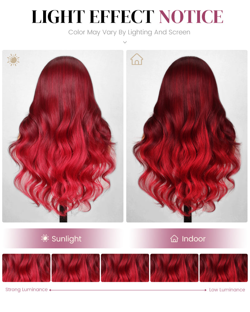 Two-Toned Ombre Cherry Red 13x4 Lace Front Blowout In Wavy Colored Human Hair Wigs