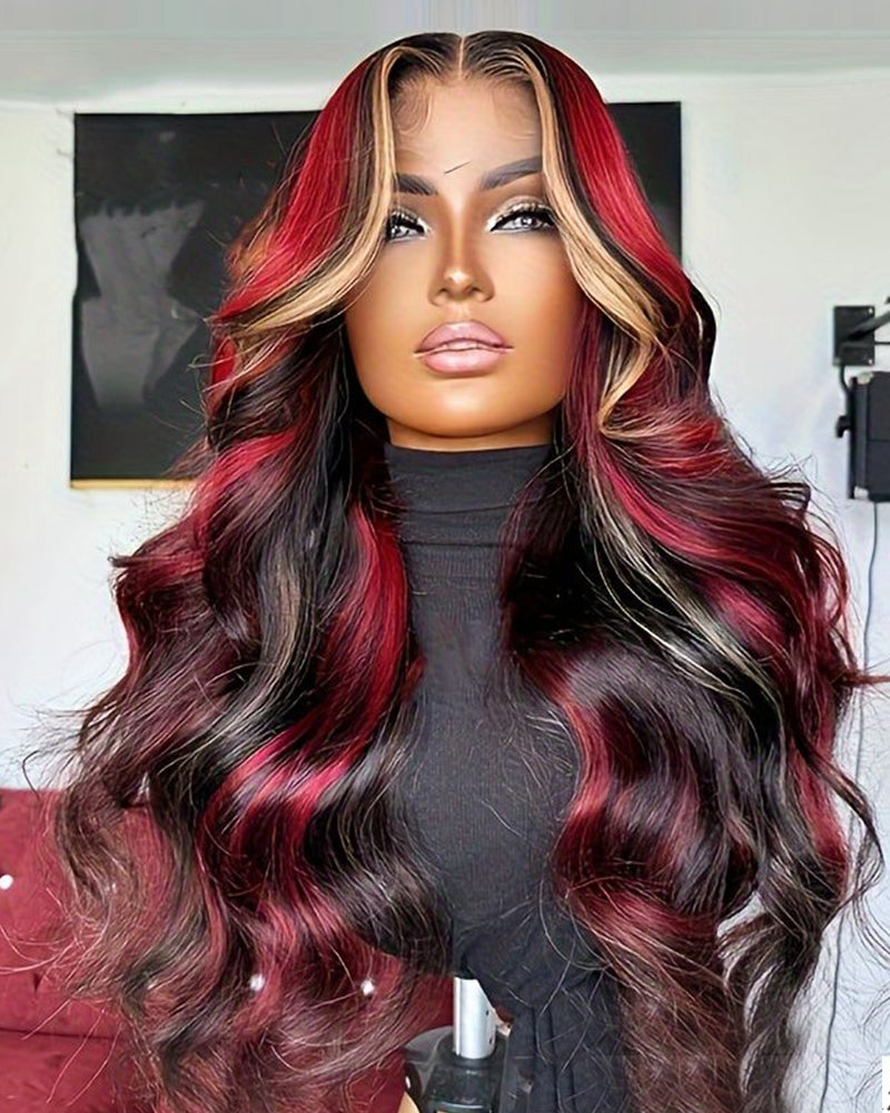 【Halloween Special】13x4 Lace Burgundy Ombre Red Skunk Stripe Body Wave Mix Highlight Colored Human Hair Wig