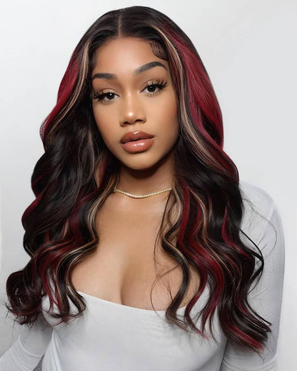 Burgundy Ombre Red Skunk Stripe Highlight Mix-Color Body Wave 13x4 Lace Human Hair Wig