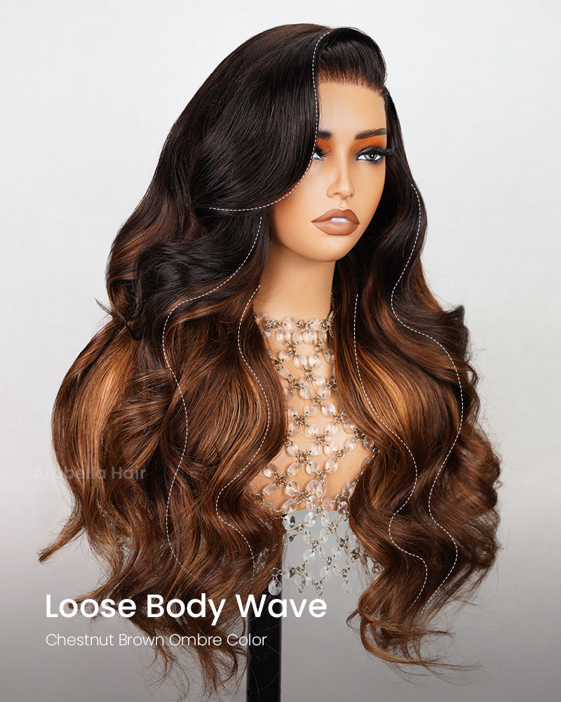 Chestnut Brown Ombre Colored Loose Body Wave Glueless 6x5 Pre-Cut Lace Human Hair Wig