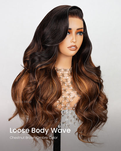 Chestnut Brown Ombre Colored Loose Body Wave Glueless 6x5 Pre-Cut LaceHuman Hair Wig