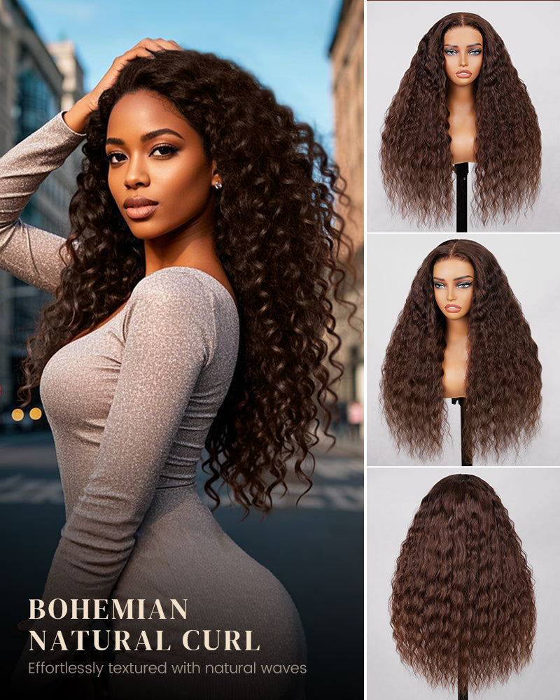 Chestnut Dark Brown Bohemian Natural Curl Pre-Cut 6x5 Lace Glueless Human Hair Wig Middle Part