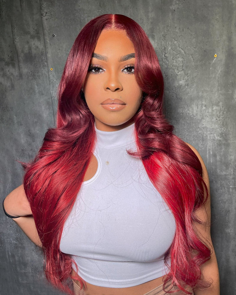 Two-Toned Ombre Cherry Red 13x4 Lace Front Blowout In Wavy Colored Human Hair Wigs