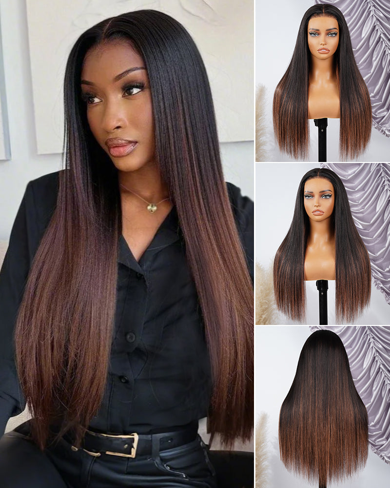 Black Chocolate Peach Ombre Color Straight Pre-Cut 6x5 Glueless Lace Human Hair Wig