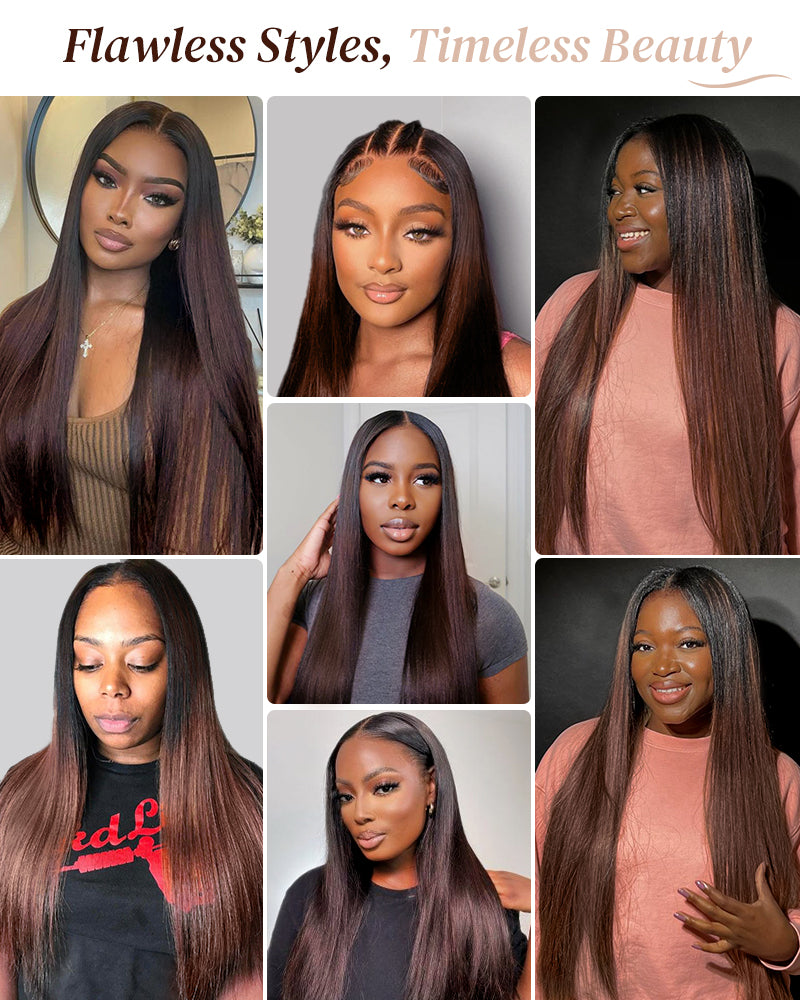 Black Chocolate Peach Ombre Color Straight Pre-Cut 6x5 Glueless Lace Human Hair Wig