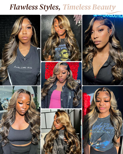 Champagne Gold Highlights Colored Loose Body Wave Pre-Cut 6x5 Glueless Lace Human Hair Wig