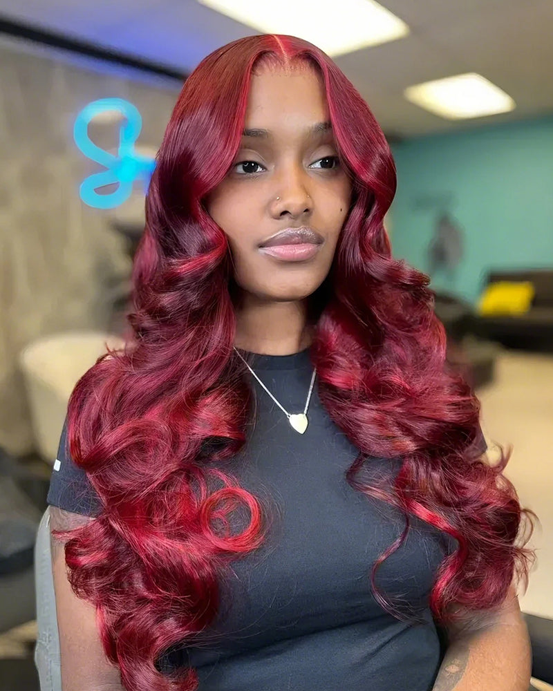 Red Velvet Balayage Wine Glueless 6x5 Pre-Cut Lace Loose Body Wave Multi Highlight Color Human Hair Wig