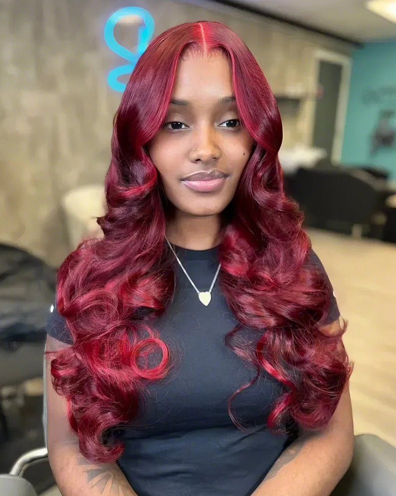 Red Velvet Balayage Wine Glueless 6x5 Pre-Cut Lace Loose Body Wave Multi Highlight Color Human Hair Wig