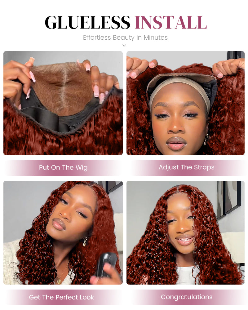 Reddish Auburn Brown Color Bohemian Natural Curl Glueless 6x5 Lace Human Hair Wig Middle Part