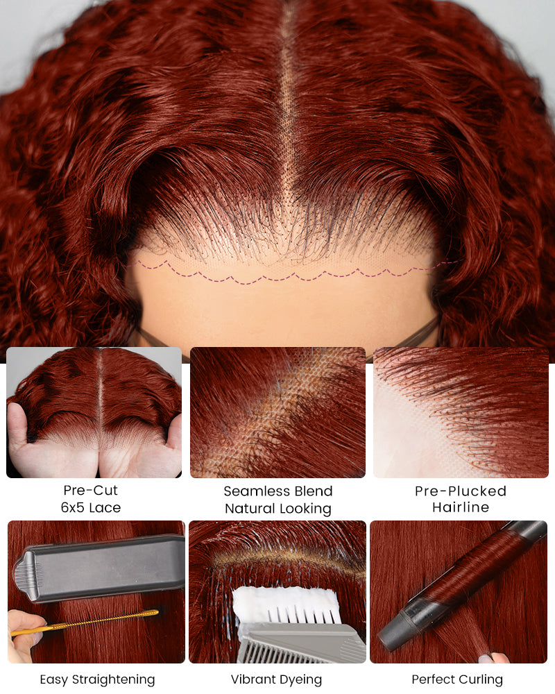 Reddish Auburn Brown Color Bohemian Natural Curl Glueless 6x5 Lace Human Hair Wig Middle Part