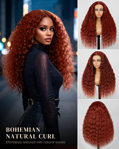 Reddish Auburn Brown Color Bohemian Natural Curl Glueless 6x5 Lace Human Hair Wig Middle Part