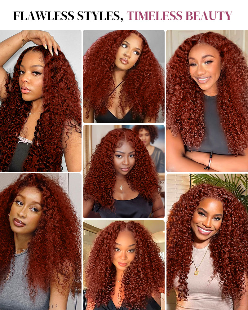 Reddish Auburn Brown Color Bohemian Natural Curl Glueless 6x5 Lace Human Hair Wig Middle Part