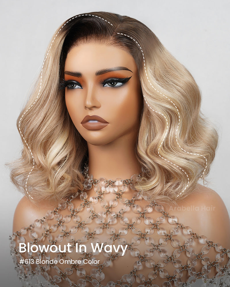 Ash Blonde Ombre Colored Short Wavy Bob Glueless 6x5 Pre-Cut Lace Human Hair Wigs