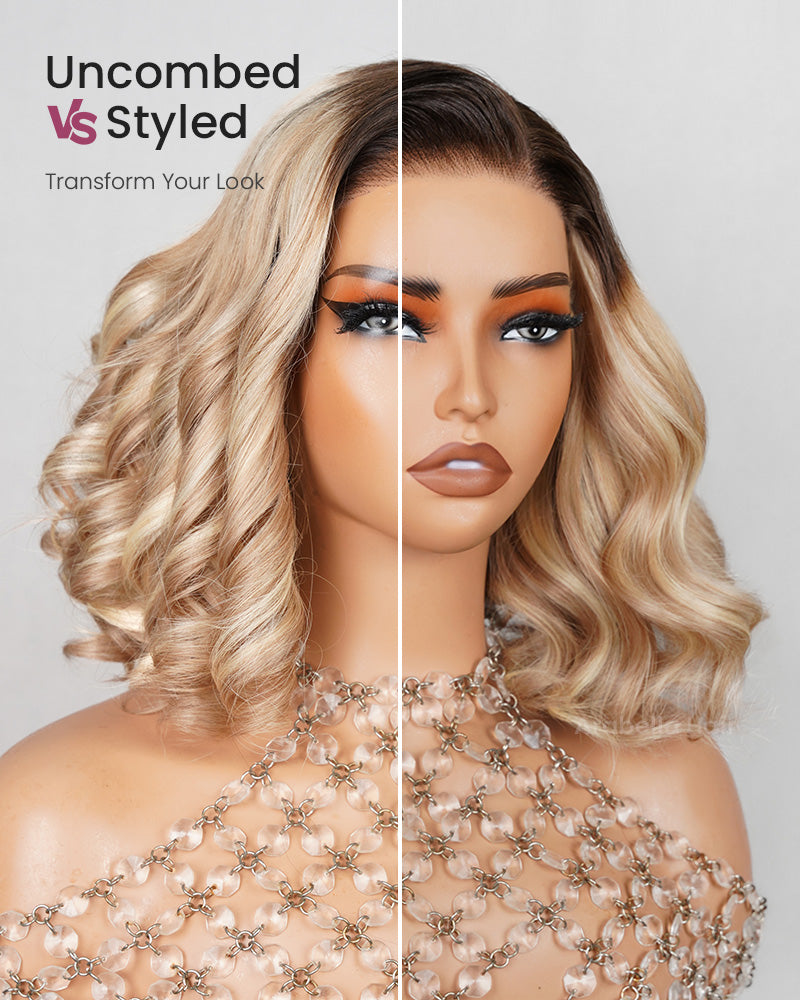 Ash Blonde Ombre Colored Short Wavy Bob Glueless 6x5 Pre-Cut Lace Human Hair Wigs