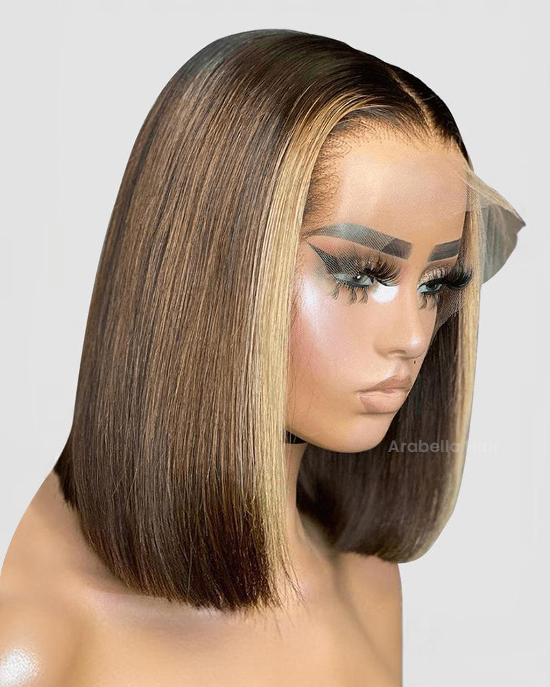 Minimalist Short Bob: Chocolate Brown 13x4 Lace Front Wig with Skunk Stripe Highlights Free Part Human Hair