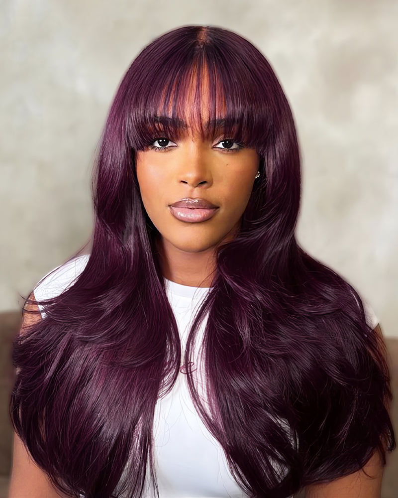 Dark Plum Color Layer Cut Straight Wig with Bangs Pre-Cut Glueless 6-inch Deep Lace Human Hair