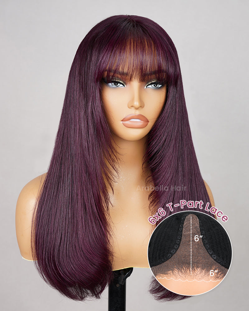 Dark Plum Color Layer Cut Straight Wig with Bangs Pre-Cut Glueless 6-inch Deep Lace Human Hair