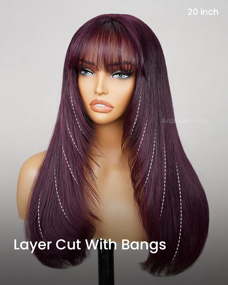 Dark Plum Color Layer Cut Straight Wig with Bangs Pre-Cut Glueless 6-inch Deep Lace Human Hair