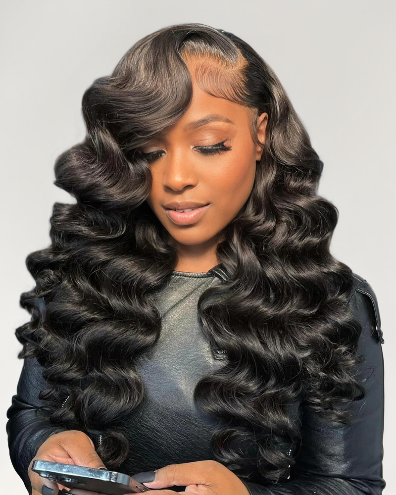 HD Lace Double Drawn Loose Wave 13x4 Lace Frontal Natural Black Human Hair Wig Free Part