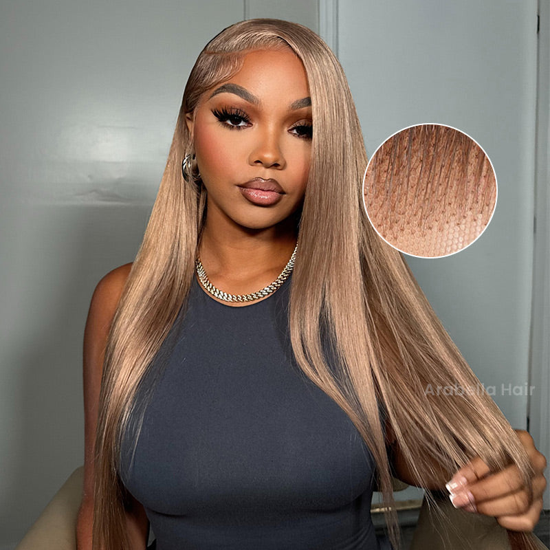 Ash Honey Blonde 13x4 Pre-Cut Lace in Brown Color Blowout In Wavy with C-Part Design Human Hair - Customized Elegance