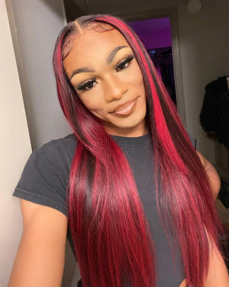 Dark Burgundy With Rose Red Highlights Color Straight 13x4 Lace Human Hair Wigs Free Part