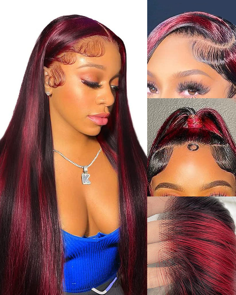 13x4 Lace Dark Burgundy With Rose Red Highlights Straight Human Hair Wigs Free Part