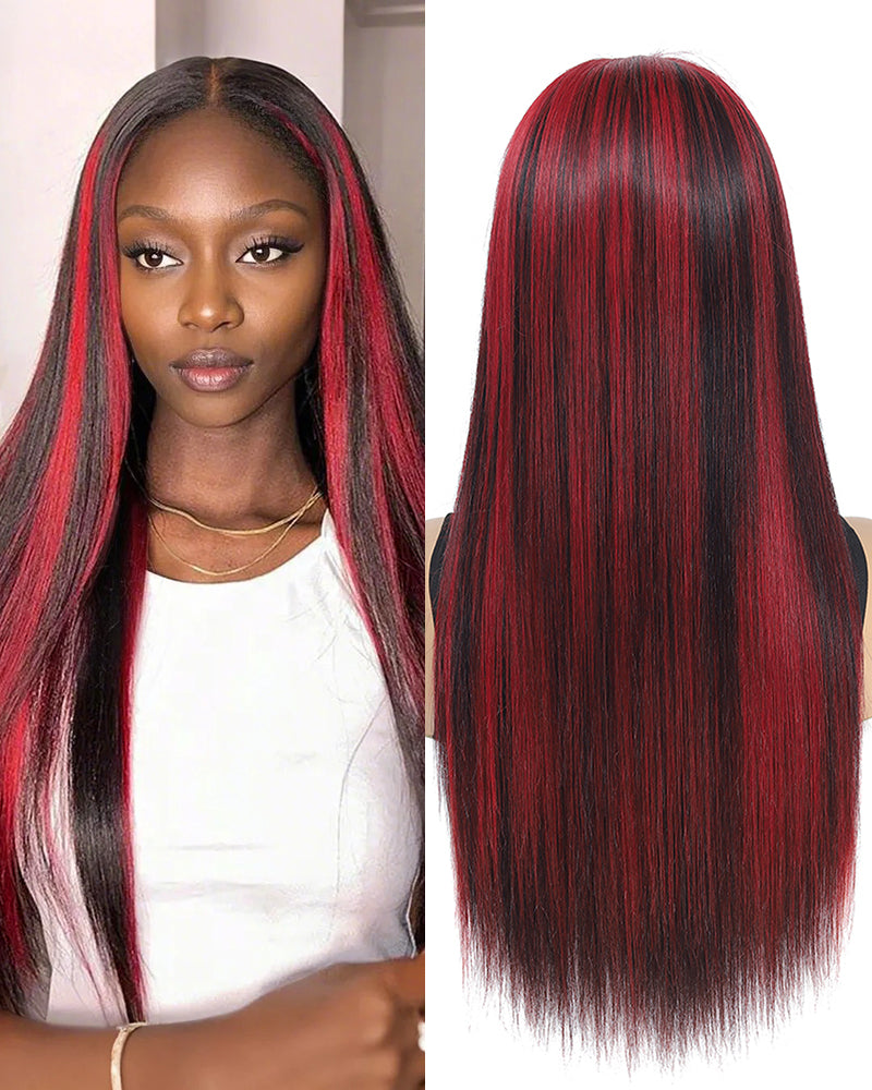 13x4 Lace Dark Burgundy With Rose Red Highlights Straight Human Hair Wigs Free Part