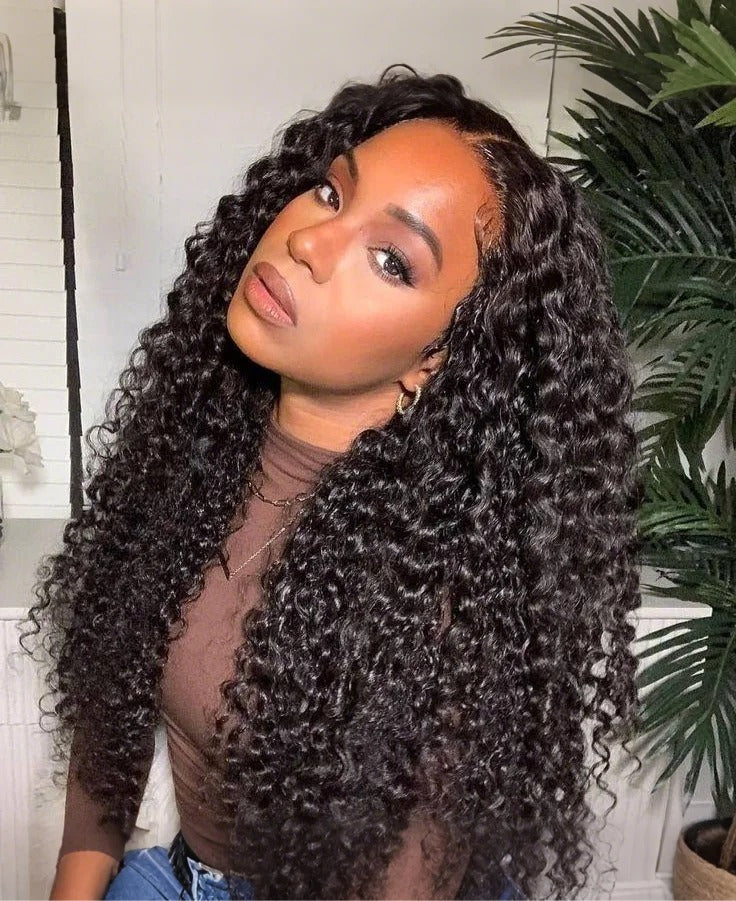 Jerry Curly Natural Black 6x5 Pre-cut Lace Closure Glueless Human Hair Wig Middle Part