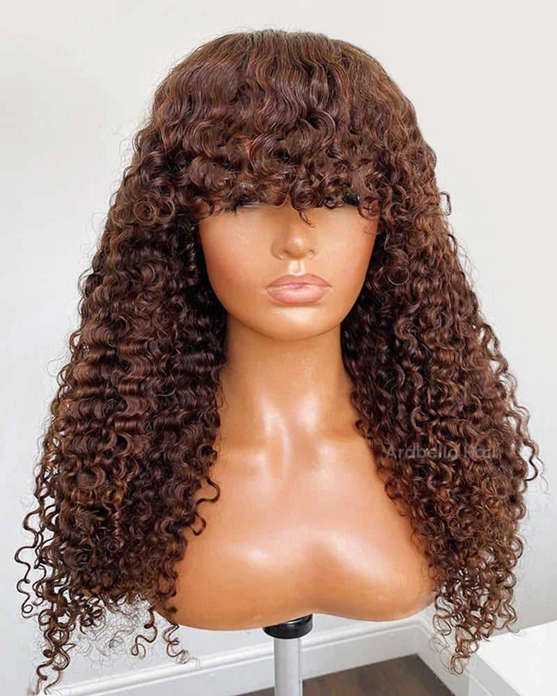 Dark Brown Colored Afro Kinky Curly Full Machine Made With Bangs Human Hair Wigs