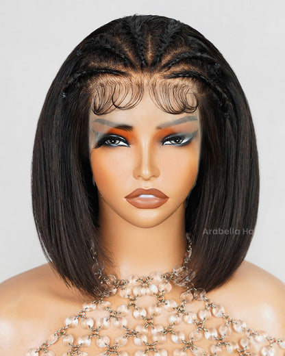 Halo Braided 13x4 Lace Pre-Braid Straight Short Bob Wig Pre-Bleached Knots Human Hair Wig