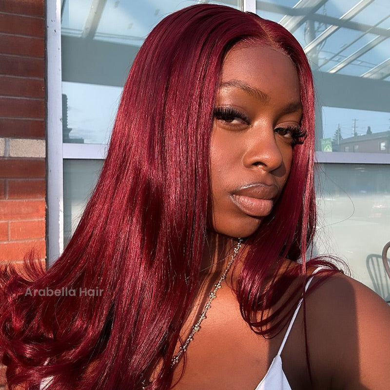 【Limited Design】Burgundy Red 99J Easy-Wear Glueless 6x5 Pre-Cut Lace Straight Wig With Bleached Knots Colored Human Hair